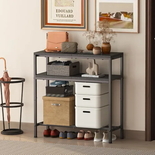 Vista 2 de Homeiju Mesa de entrada con almacenamiento, mesa consola de 3 niveles de 31.5 pulgadas de ancho, mesa de sofá industrial con estantes abiertos Negro