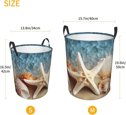 Vista 5 de Starfish Coral and Seashell print Circular Hamper Waterproof Storage Bin Organizer Basket Laundry Hamper With Handles For Clothes Toys Small