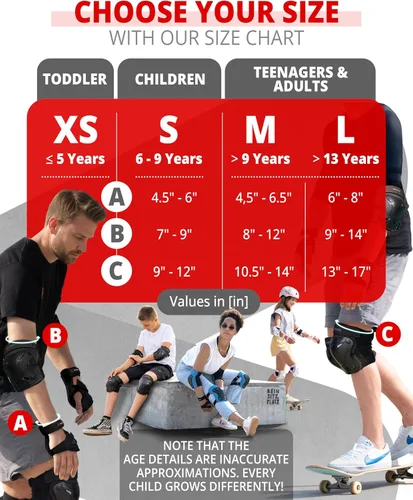 Vista 5 de SKATEWIZ Kids and Adult Knee Pads and Elbow Pads Set 6pcs - incl. Carry Bag