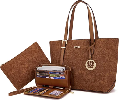 Vista 15 de Qiyuer - Bolsos para mujer, carteras, juegos de bolsos con asa superior, bolsos de hombro, bolso de mano, bolso de trabajo con cartera a juego, 3