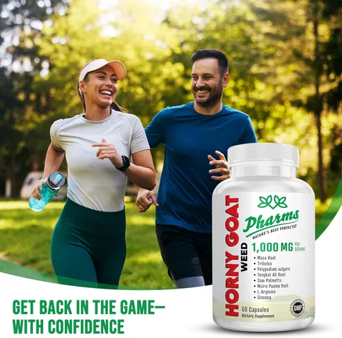 Vista 2 de PHARMS Hornygoatweed para hombres y mujeres (1,000 mg) - Cápsulas de energía y resistencia con raíz de maca, tribulus, tongkat ali, palma enana