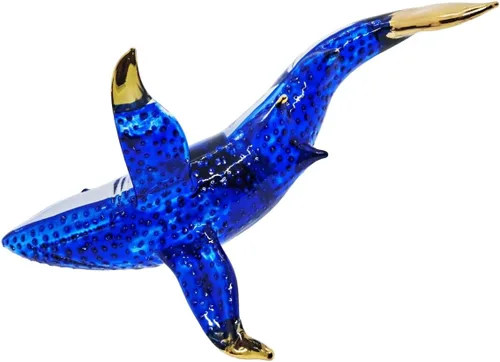 Vista 7 de Pequeña figura de tiburón blanco punteado azul dorado de 6.5 pulgadas, tiburones de vidrio soplado a mano, vida marina, peces marinos, animales