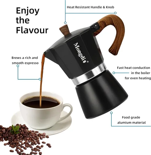 Vista 2 de Mongdio Cafetera de café expreso Moka Pot, cafetera cubana, cafetera de estufa Moka Italian Espresso Greca, cafetera percoladora, 3 tazas de Negro