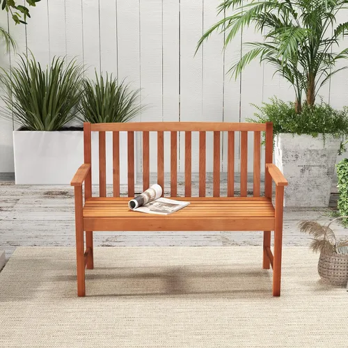 Vista 7 de Giantex Banco para exteriores, banco de patio de madera con cómodos reposabrazos y respaldo, área de estar de listones, marco de madera