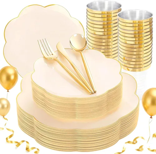 Vista 11 de ejonirinjonir EI - 180 platos de plástico beige con cubiertos de plástico dorado, platos desechables de alta resistencia para fiestas, juego