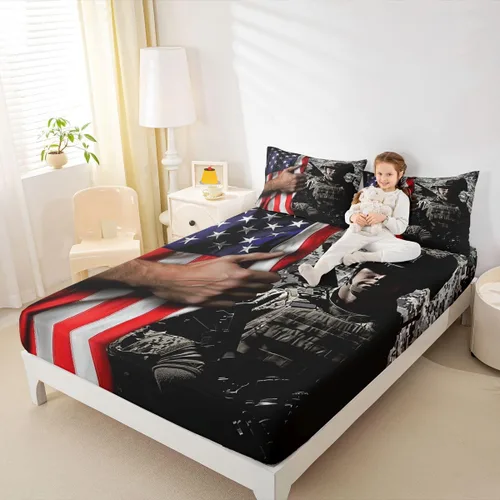 Vista 2 de Juego de ropa de cama de bandera estadounidense tamaño individual para niños, adolescentes y hombres, retro, verde militar, camuflaje, bandera