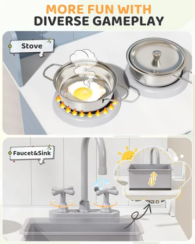 Vista 3 de MAMIZO Juego de cocina para niños pequeños, juego de cocina de juguete de madera para niños con almacenamiento inteligente, último interactivo, Azul