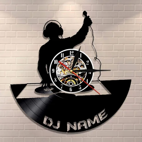 Vista 2 de Reloj de pared de disco de vinilo hecho a mano con nombre de DJ personalizado, disco de vinilo, reloj de pared, tocadiscos de DJ, sombras, relojes