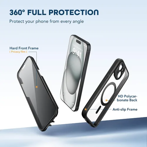 Vista 3 de TIESZEN Funda para iPhone 15, compatible con MagSafe, protector de pantalla de privacidad integrado y protección de cámara, antiespía, cuerpo