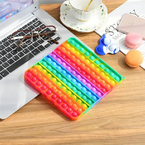 Vista 2 de Juguetes sensoriales para ansiedad de gran tamaño, 7.87 pulgadas, 100 burbujas, juguetes grandes de silicona para aliviar la presión, color arcoíris