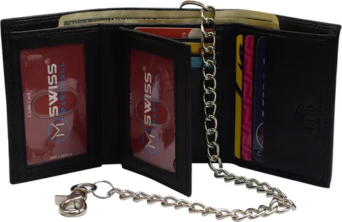 Vista 2 de Billetera triple con cadena de cuero de primera calidad con bloqueo RFID para hombre, Negro con cadena., Cartera de cadena
