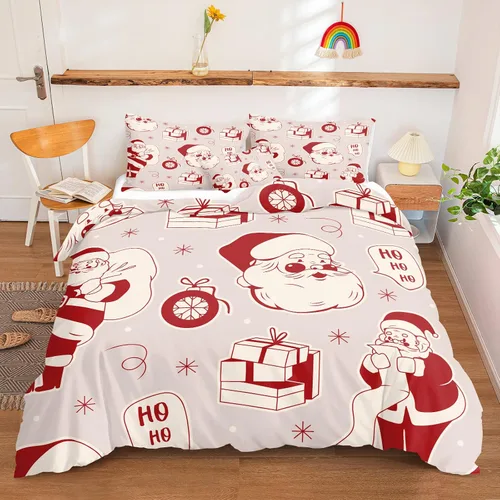 Vista 15 de Juego de ropa de cama de Navidad con funda de edredón de copos de nieve, color blanco y rojo, con estampado navideño, juego de ropa de cama festiva