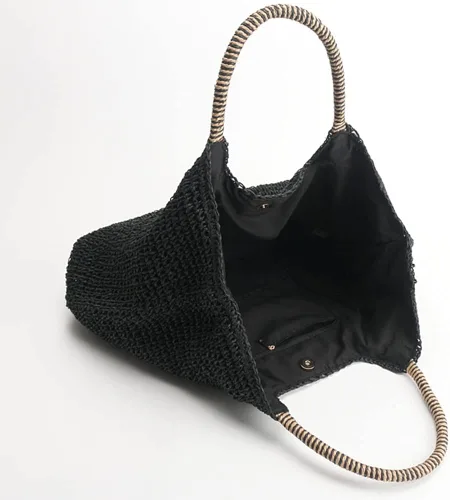 Vista 3 de QTKJ Bolso de hombro de paja grande suave tejida a mano bolso de playa negro bohemio con asa de paja retro de verano bolso de ratán negro Negro 118x