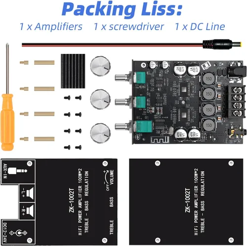 Vista 8 de ZK-1002T Placa de amplificador estéreo Bluetooth 5.0, módulo de mini amplificador de audio de 200 W HiFi de 2.0 canales con control de agudos