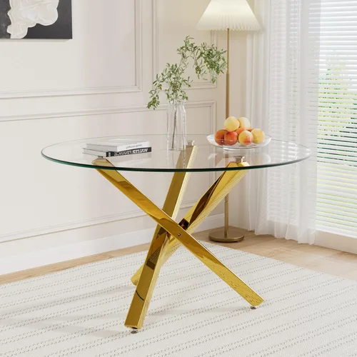 Vista 17 de Mesa de comedor redonda de vidrio para 2-3, parte superior de vidrio templado moderna, patas cromadas resistentes, almohadillas ajustables