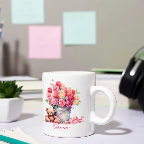 Vista 4 de Tazas de cerámica personalizadas del cubo de rosas con nombre, Taza de flores, Taza de café de flores de rosas personalizadas, Taza de té floral