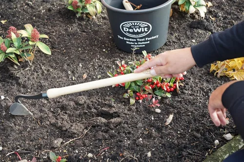 Vista 5 de DeWit Drop Grip Hand Arado – Herramienta de jardín holandés, mango de madera de fresno, agarre de doble bombilla, 22.4 pulgadas de longitud, mini