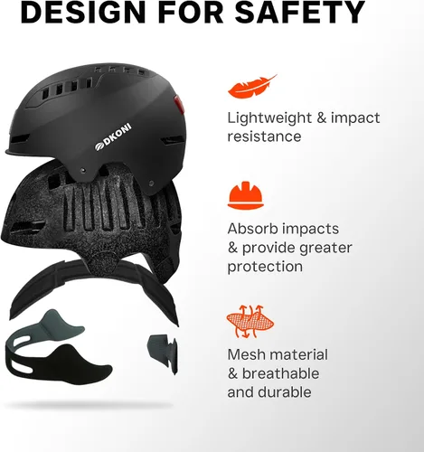 Vista 5 de DKONI Casco de bicicleta con luces LED, casco de bicicleta para viajeros, casco de ciclismo recargable por USB, casco de luz LED frontal y trasera