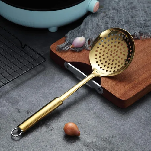 Vista 2 de Berglander Espumador, Colador de Acero Inoxidable Dorado, Cocina Dorada con Chapado de Titanio, Cucharas Ranuradas, Para Cocina, Colador de Metal