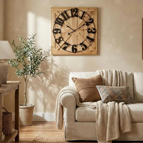 Vista 5 de EMAX HOME Reloj de pared grande estilo casa de campo, reloj de madera rústico cuadrado marrón de 24 pulgadas con letrero decorativo de madera