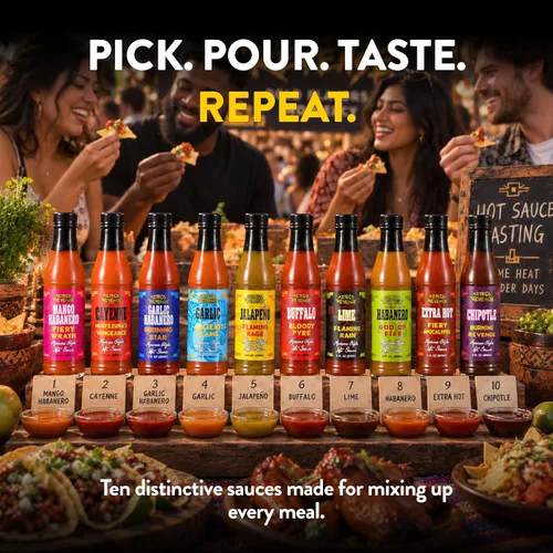 Vista 6 de Set de regalo de variedad de salsa picante estilo mexicano Aztecs Revenge - 10 botellas de salsa picante