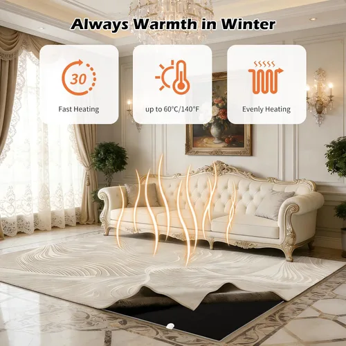 Vista 5 de Alfombra térmica lavable con calefacción eléctrica, superficie de felpa desmontable con calentamiento rápido para oficina, sala de estar, comedor