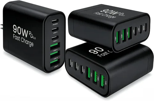 Vista 19 de Bloque de cargador USB C GaN de 90 W, cargador de pared USB C de 6 puertos de carga rápida, adaptador de corriente PD de 45 W para iPhone 17Pro