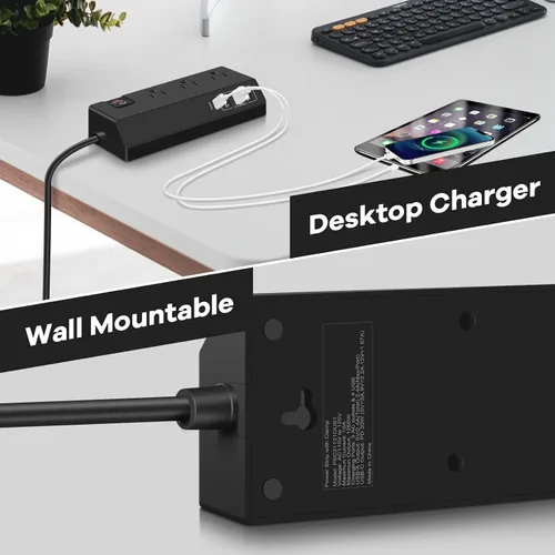 Vista 7 de Regleta de alimentación con abrazadera de escritorio de 3 salidas con 4 puertos USB, protector de sobretensiones de montaje en borde de escritorio