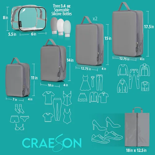 Vista 3 de CRAESON Cubos de embalaje de compresión para maletas, juego de 7 organizadores de equipaje con 5 cubos de embalaje de compresión, bolsa de zapatos