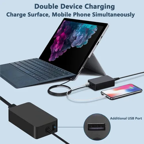 Vista 4 de Cargador Surface Pro de 65 W, cargador de computadora portátil compatible con Microsoft Surface Pro11 10 9 8 7+ 7 6 5 4 X, compatible con portátiles