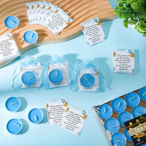Vista 4 de Amyhill Juego de 100 regalos de fiesta de oso para baby shower, incluye velas azules sin perfume, velas de regalo neutras de género, tarjetas