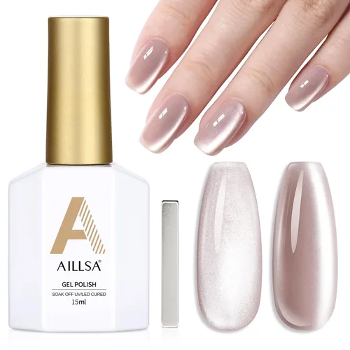 Vista 8 de AILLSA - Esmalte de uñas de gel Cat Eye color nude con glitter de cristal, esmalte de uñas de vidrio con destellos, brillo reflectante translúcido