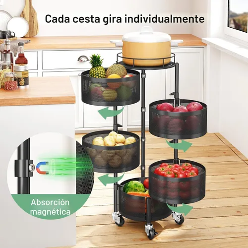 Vista 2 de SAYZH Cesta de frutas y verduras para cocina, estante de almacenamiento giratorio, carrito rodante de 5 niveles con tapa superior, ruedas de alambre
