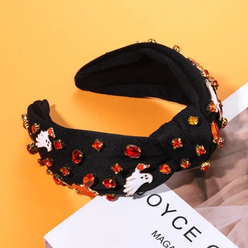 Vista 5 de Diadema de Halloween morada espeluznante con cuentas anudadas para mujer, perlas brillantes, calabaza, araña, murciélago, esqueleto, fantasma, nudo