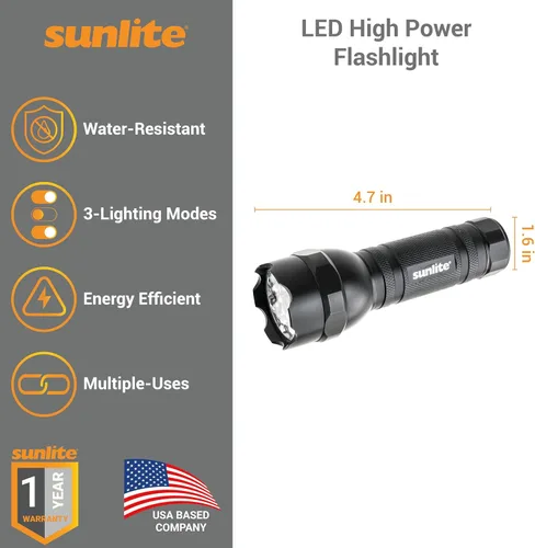 Vista 2 de Sunlite 41780 Linterna LED de alta potencia para exteriores, 3 modos, linterna, luz estroboscópica, luz verde, resistente al agua, de mano, negro, 2
