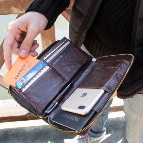 Vista 7 de CONTACTS Bolso de mano de cuero para hombre, cartera con cremallera, organizador de tarjetas de visita de gran capacidad con correa de cuero, bolso