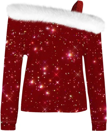 Vista 3 de Camiseta de manga larga con estampado brillante para mujer, con hombros descubiertos, blusa con purpurina para fiesta, blusa suelta