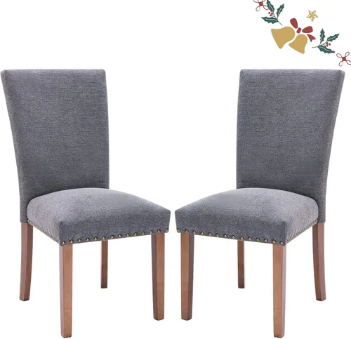 Vista 24 de Juego de 2 sillas tapizadas de tela para comedor, sillas de cocina estilo Parsons con ribete de cabeza de clavo y patas de madera - Beige