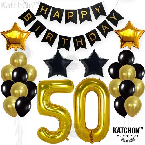 Vista 8 de Kit dorado de decoración de cumpleaños número 50 – grande, paquete de 26 Cartel de cumpleaños 50 negro y dorado con globos de estrella de Mylar