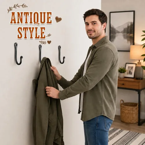 Vista 3 de Ganchos de pared de hierro de herrero para colgar abrigos, toallas, 22 libras, resistente, paquete de 3