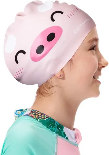 Vista 8 de COPOZZ Gorros de natación para niños, de silicona, impermeable, cómodo, gorro de natación para cabello largo y corto Delfín azul-5-12 años