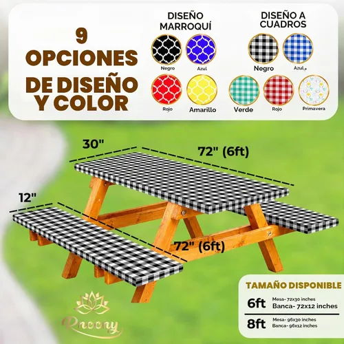 Vista 2 de RNOONY Cubierta de Mesa de Picnic de Vinilo Ajustable con Fundas de Banco y Bolsa, Mantel de 6 pies para Exteriores Impermeable y Resistente al