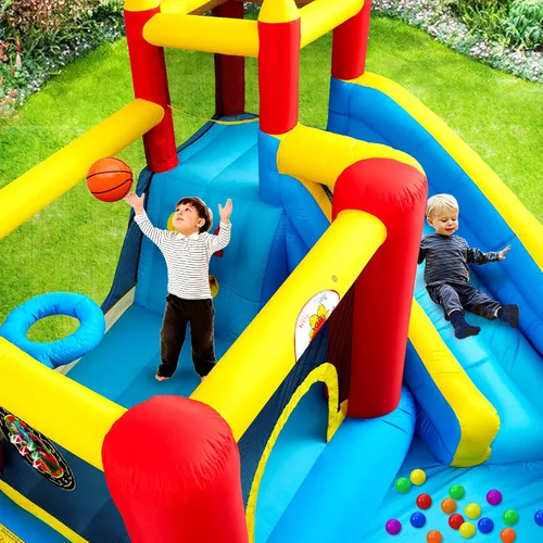 Vista 7 de WELLFUNTIME - Casa inflable para saltar con tobogán, castillo hinchable con ventilador, pared de escalada, diana, aro de baloncesto y 50 pelotas