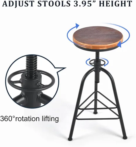 Vista 5 de Topower Taburete de bar de altura ajustable de metal de diseño industrial antiguo, silla de desayuno de comedor de cocina, taburete de madera