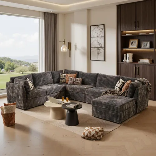 Vista 32 de Ovios - Sofá modular con diván en forma de U y otomanas, cómodo y mullido, tapizado en pana estilo nube, moderno, asiento profundo, juego de sofás
