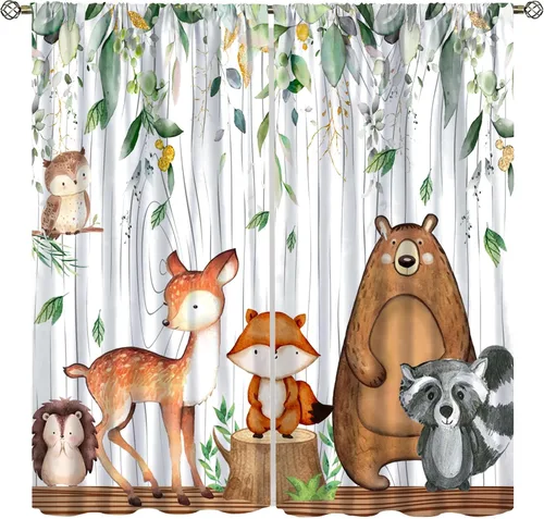 Vista 26 de YCness Cortinas para niños y niñas, diseño de animales de la selva, bosque de otoño, dibujos animados, ciervos, conejos, zorros, búhos, cortinas