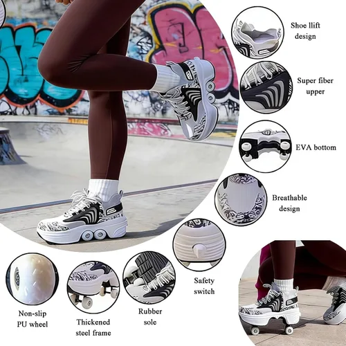 Vista 6 de 2 in 1 Convertible Walking Shoes to Quad Roller Skates with One-Touch Hidden Wheels Automatic Deformation for Men Women Kids Indoor Outdoor Sports