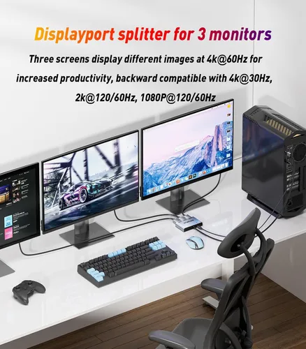 Vista 2 de DisplayPort a Dual DisplayPort con adaptador HDMI 4K @60 Hz Pantalla extendida 1 en 3 salidas MST Hub para múltiples monitores compatible