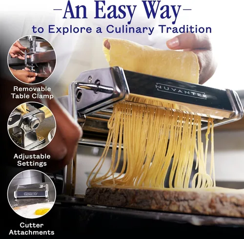 Vista 4 de Nuvantee Máquina para hacer pasta con 7 ajustes de grosor ajustable, máquina de fideos 3 en 1 con rodillos y 2 cortadores de ancho para espaguetis