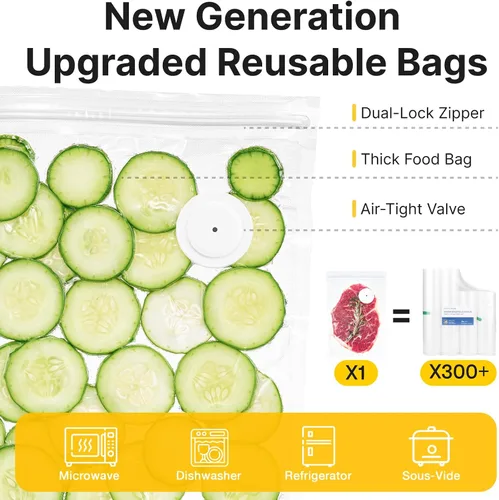 Vista 6 de ZKIRON OneTouch Selladora al Vacío Portátil con 25 Bolsas de Vacío Reutilizables – Selladora de Alimentos Portátil y Compacta con Succión